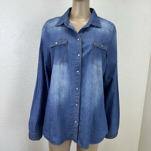 Cavalini Denim Collection Top XLarge, 3/4 Roll Tab Sleeve Shirt Blue Cowgirl
